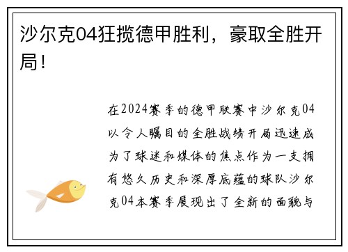 沙尔克04狂揽德甲胜利，豪取全胜开局！